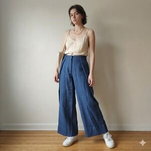 Torn by Ronny Kobo Amy Pant Womens Medium Navy Blue Pleated Wide Leg NWT